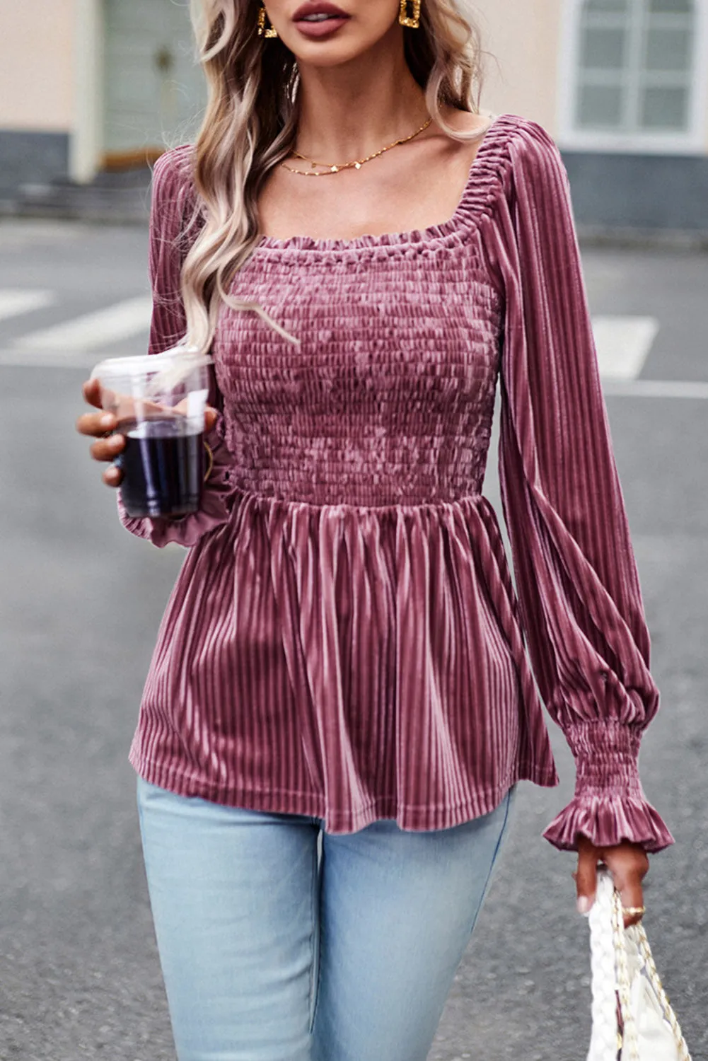 Pink Smocked and Ribbed Velvet Babydoll Top