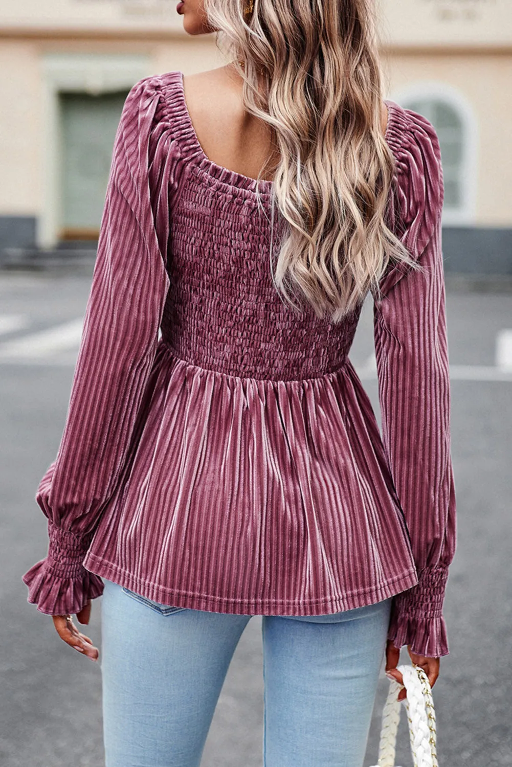Pink Smocked and Ribbed Velvet Babydoll Top