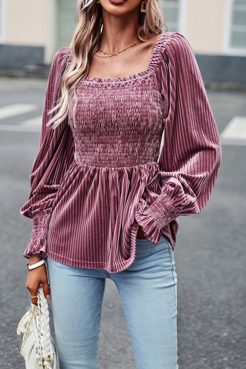 Pink Smocked and Ribbed Velvet Babydoll Top