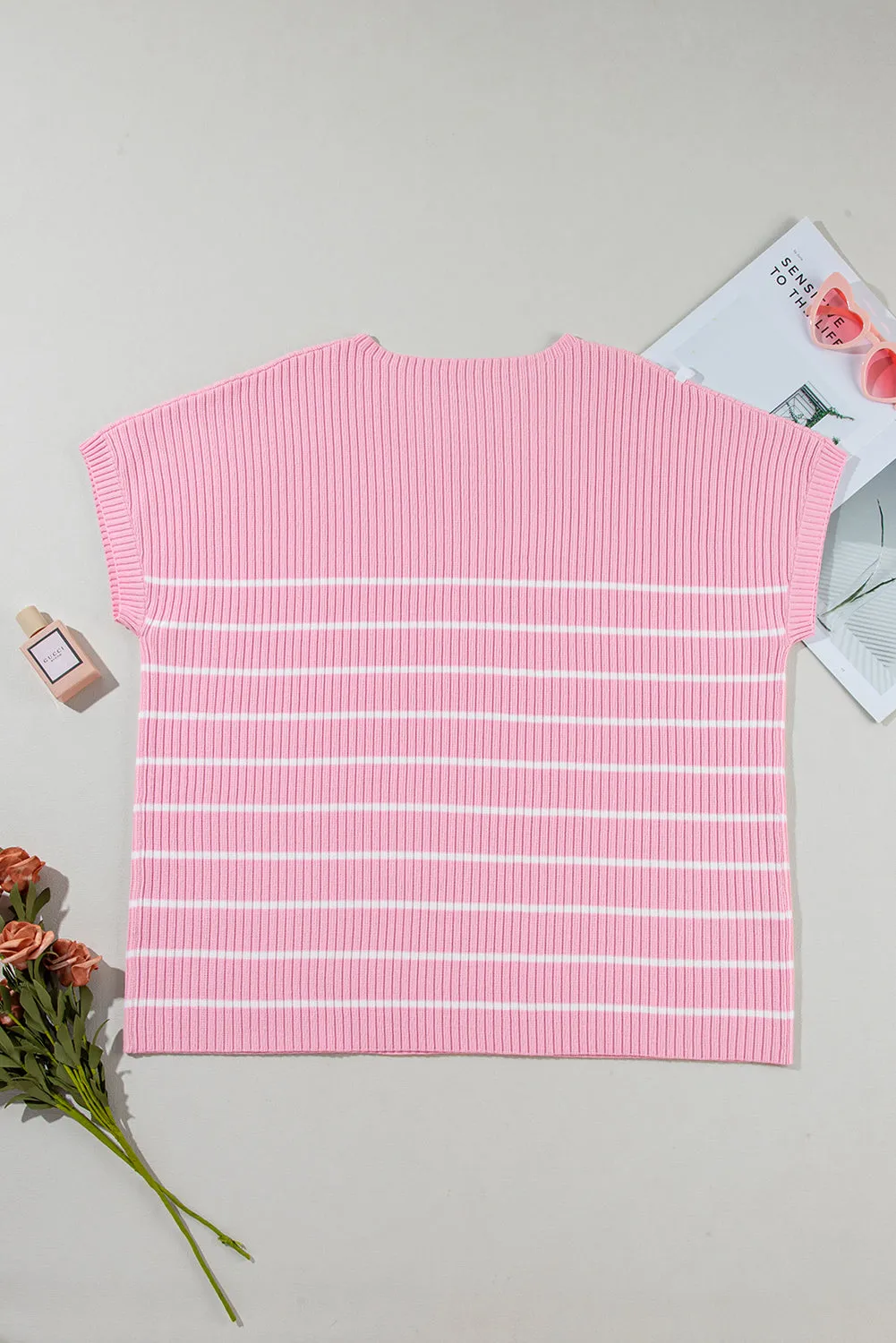 Pink Stripe Ribbed Loose Plus T Shirt