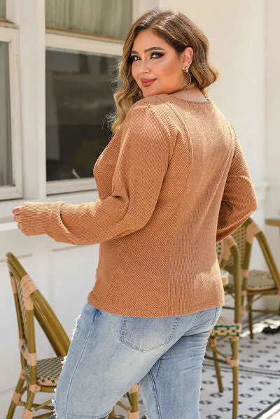 Plus Size Ribbed Scoop Neck Long Sleeve Top