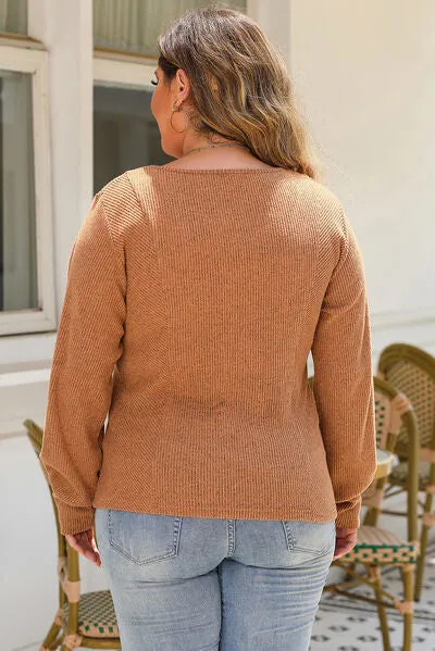 Plus Size Ribbed Scoop Neck Long Sleeve Top