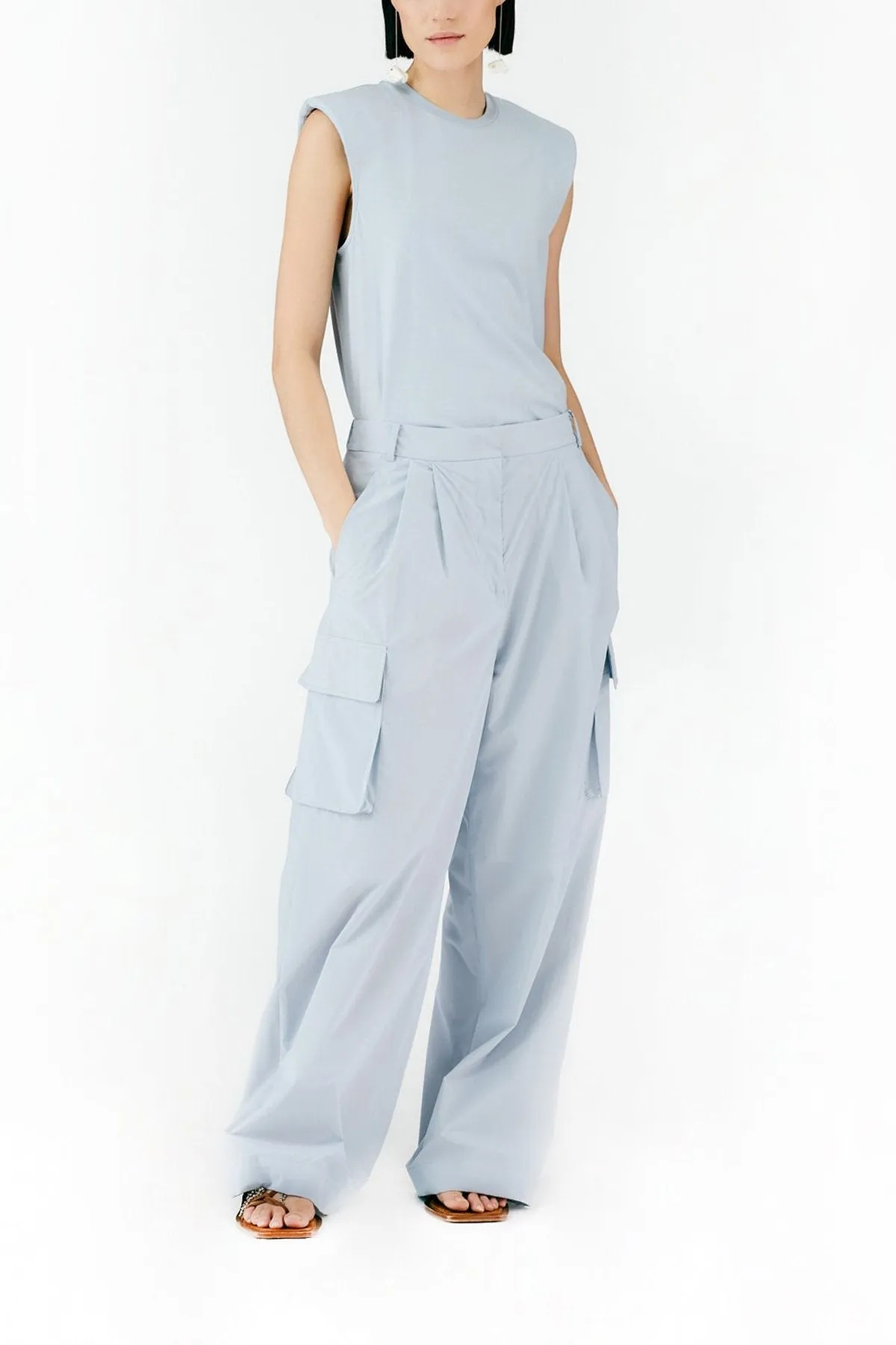 Powder Nylon Pleated Cargo Stella Pant in Blue Grey