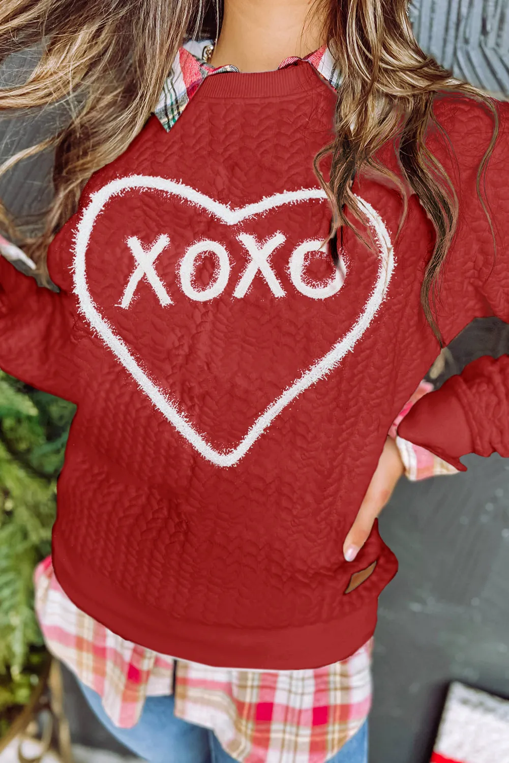 Racing Red Valentines Heart XOXO Graphic Textured Sweatshirt