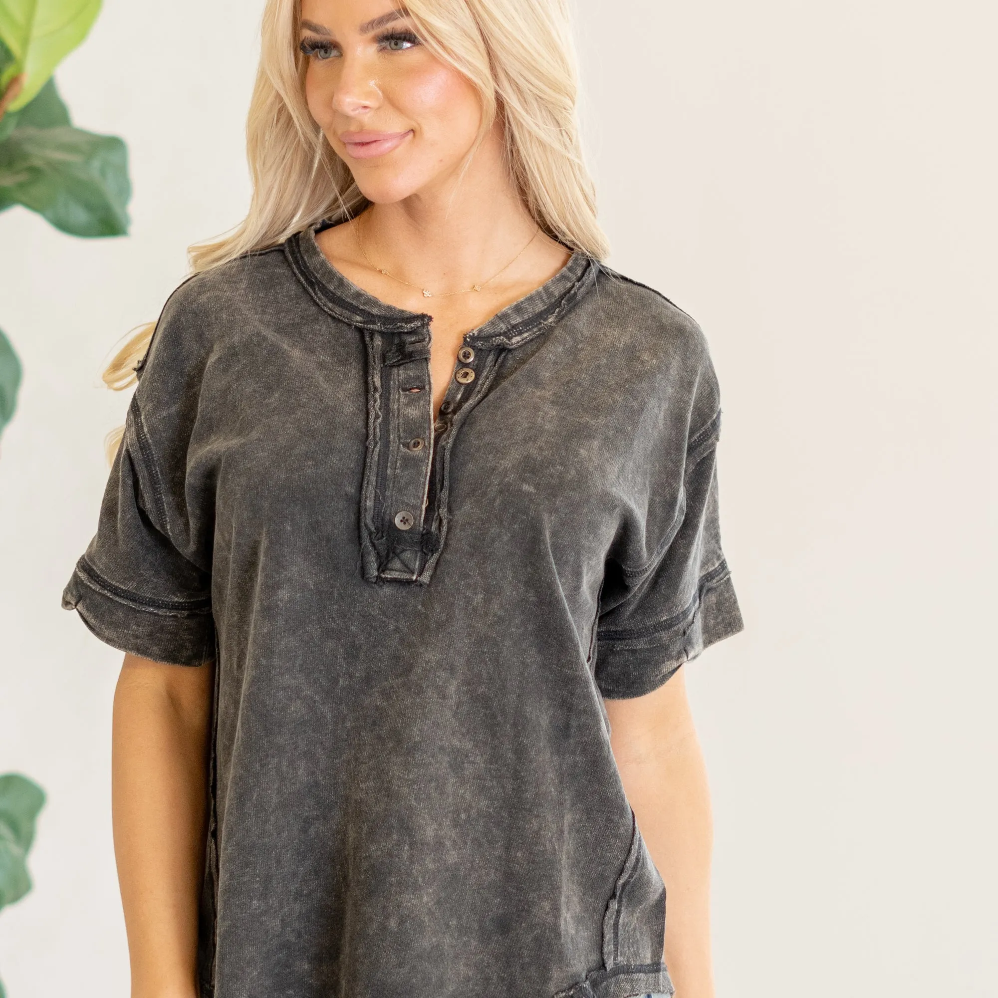 Raw edge detailed button closure scoop neck top
