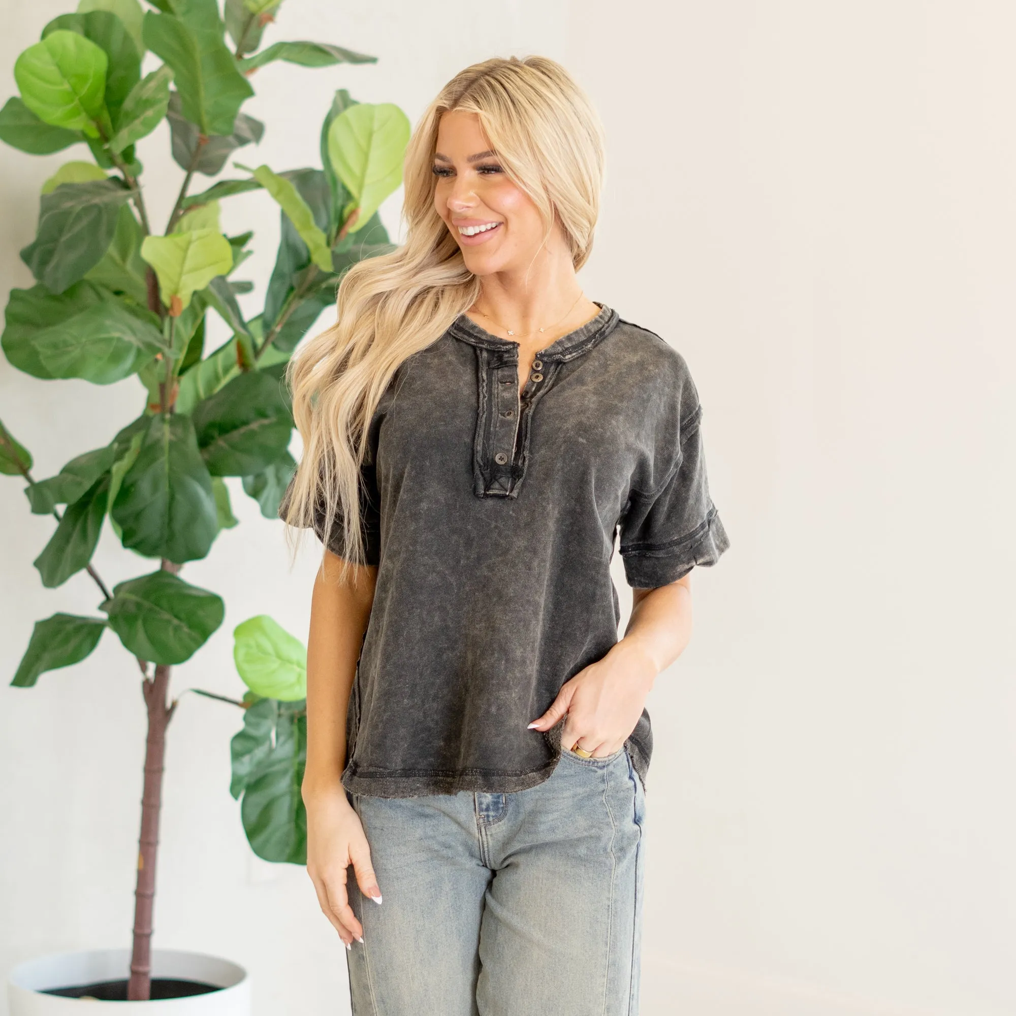 Raw edge detailed button closure scoop neck top