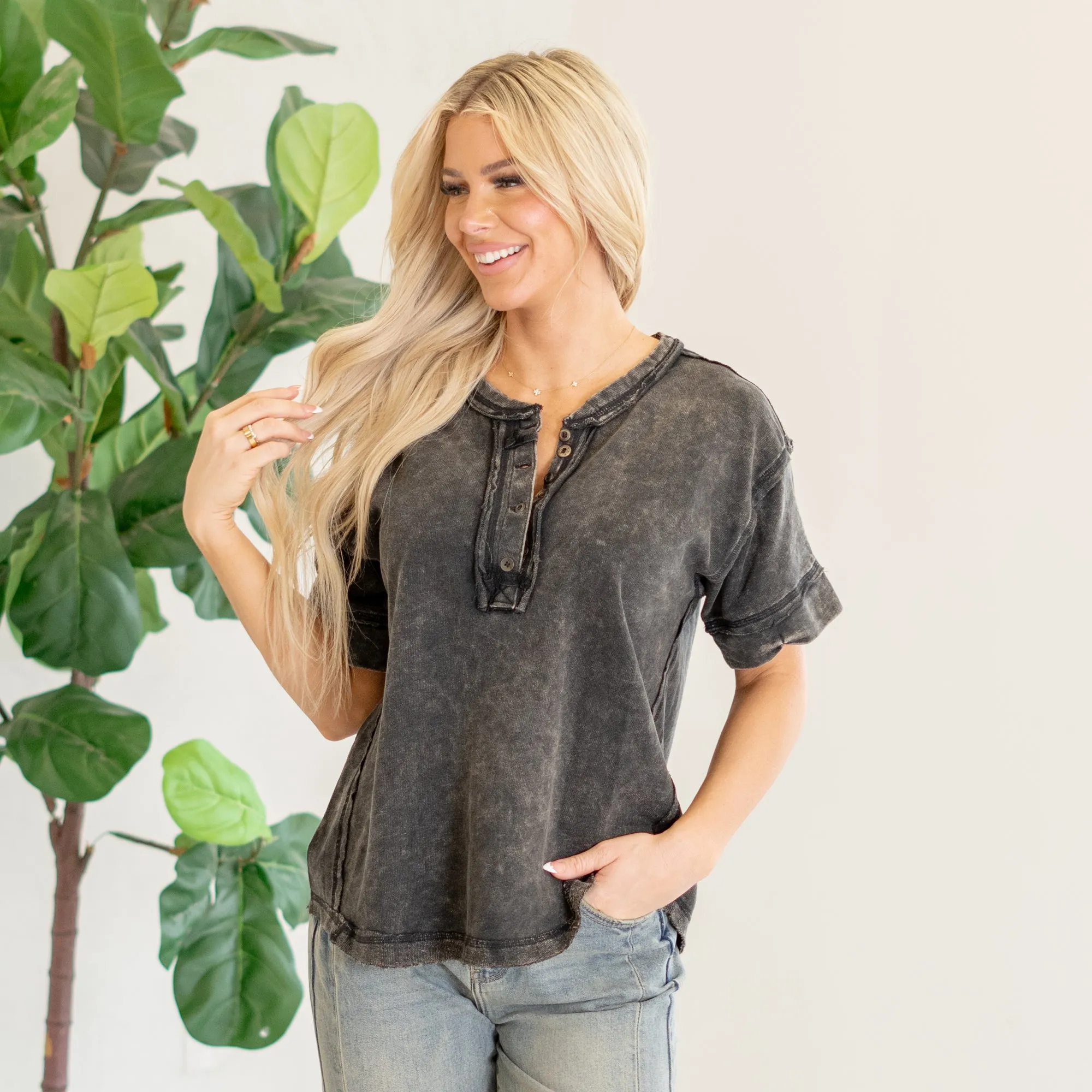 Raw edge detailed button closure scoop neck top