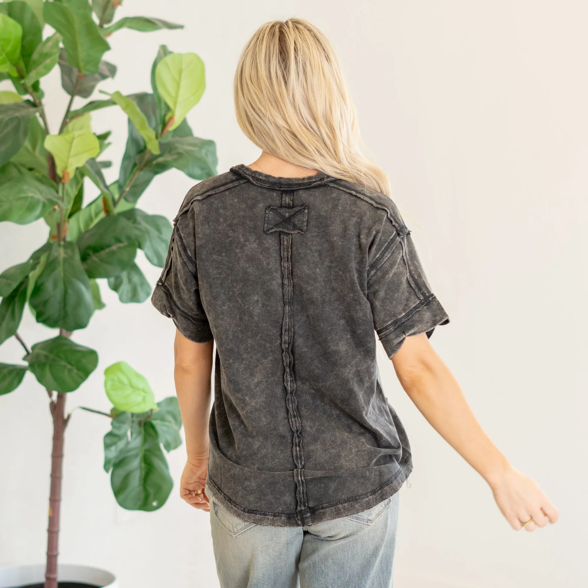 Raw edge detailed button closure scoop neck top