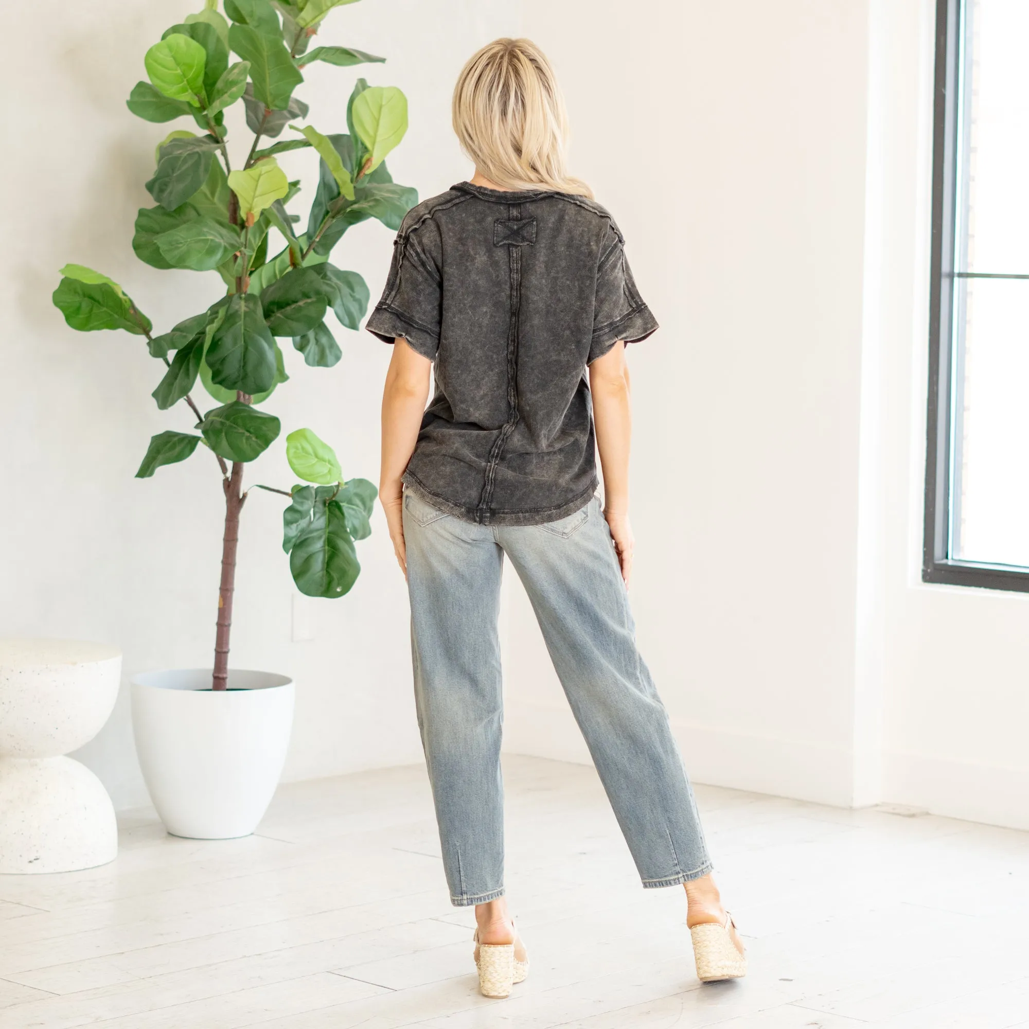 Raw edge detailed button closure scoop neck top