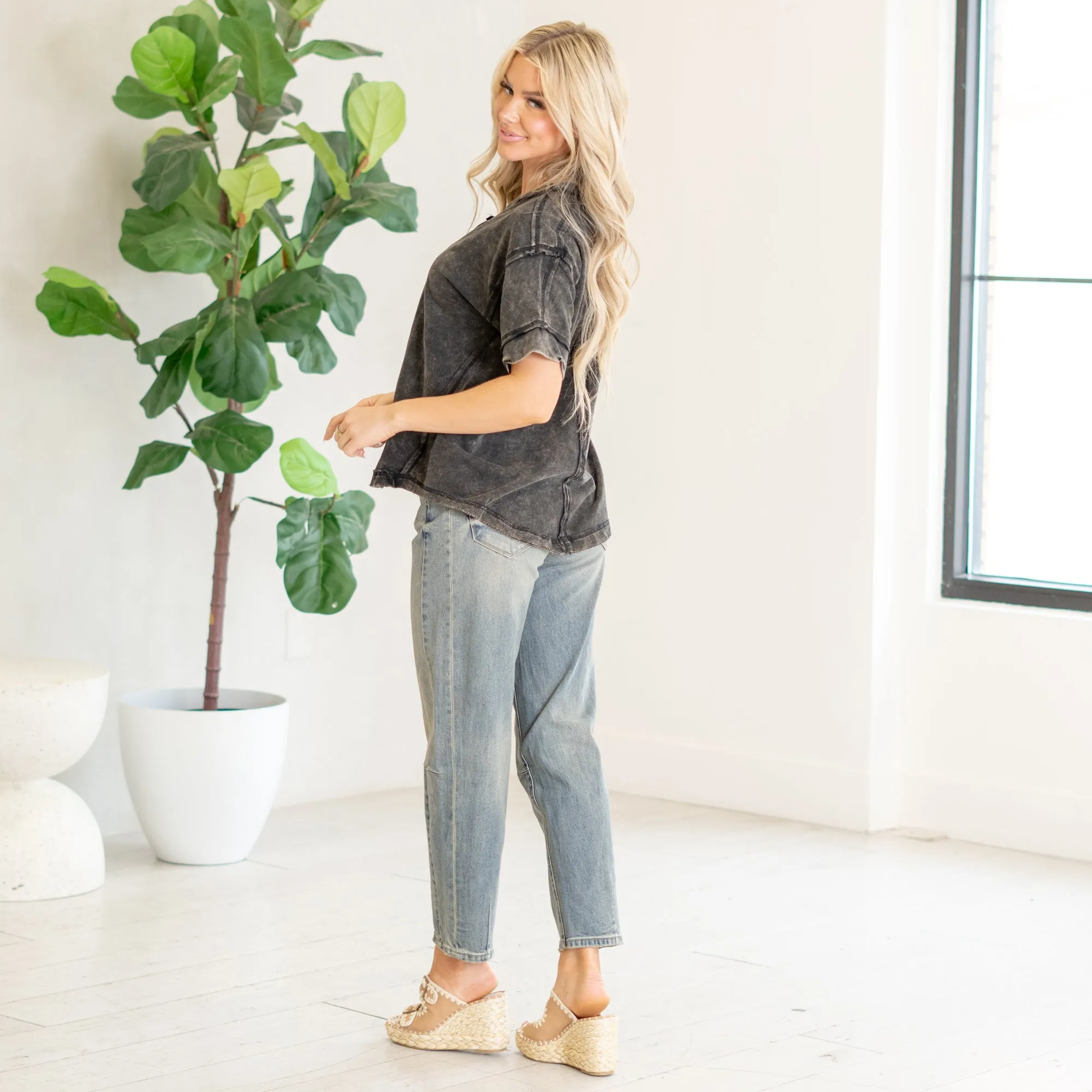 Raw edge detailed button closure scoop neck top