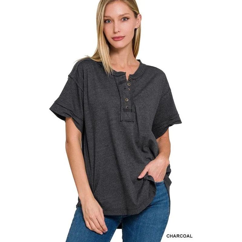 Raw Edge Detailed Button Closure Short Sleeve Top