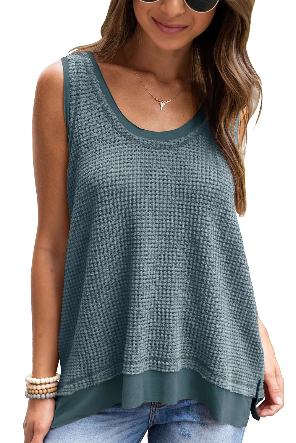 Real Teal Scoop Neck Waffle Knit Flowy Vest