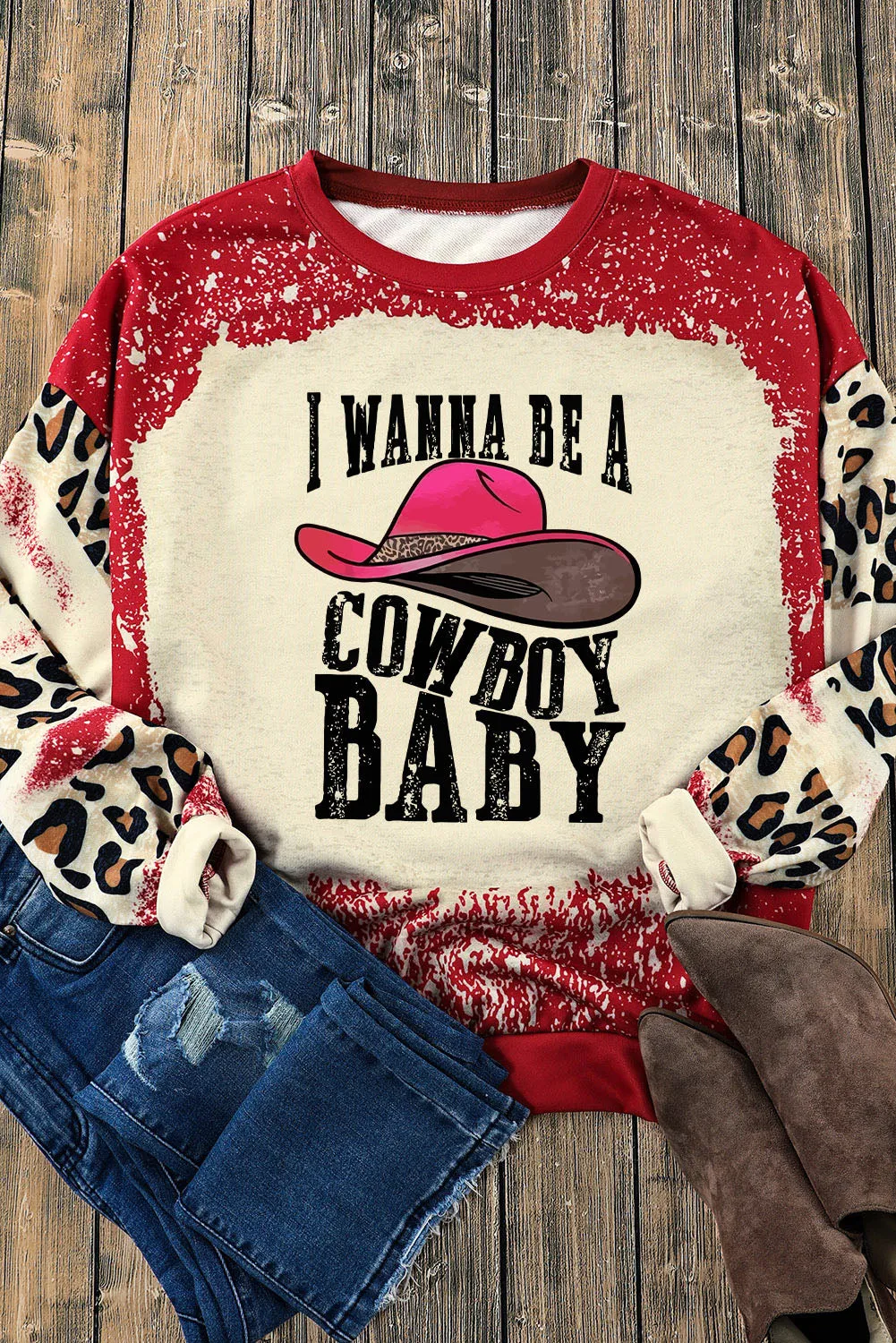 Red I WANNA BE A COWBOY BABY Leopard Bleached Sweatshirt