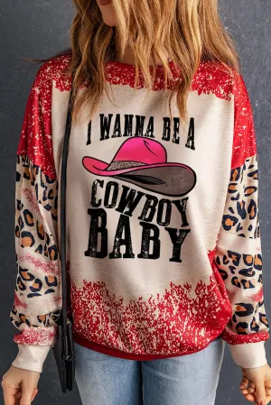 Red I WANNA BE A COWBOY BABY Leopard Bleached Sweatshirt