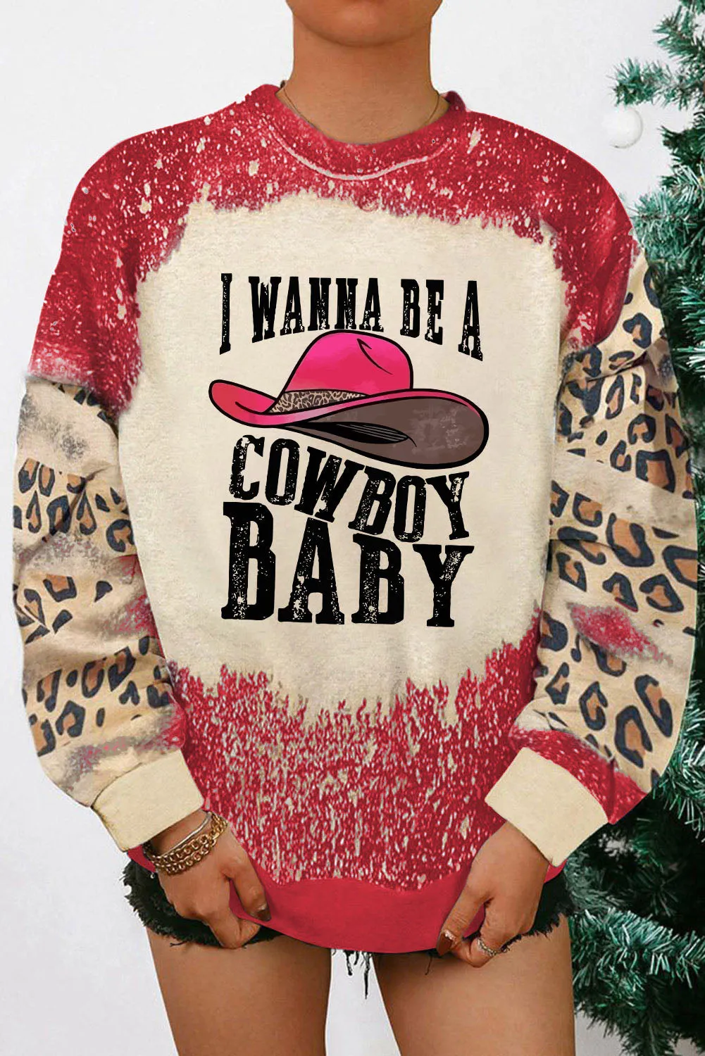 Red I WANNA BE A COWBOY BABY Leopard Bleached Sweatshirt