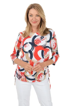 Red Painted Loops Side Shirred Knit Top