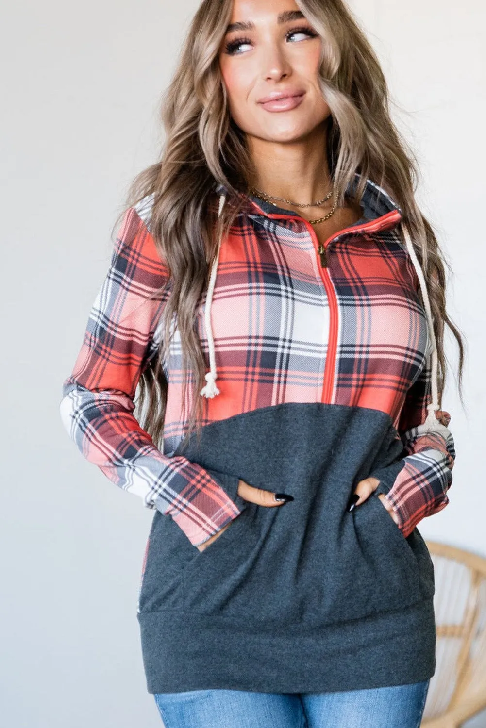 Red Plaid Patch Half Zip Thumbhole Sleeve Kangaroo Pocket Hoodie