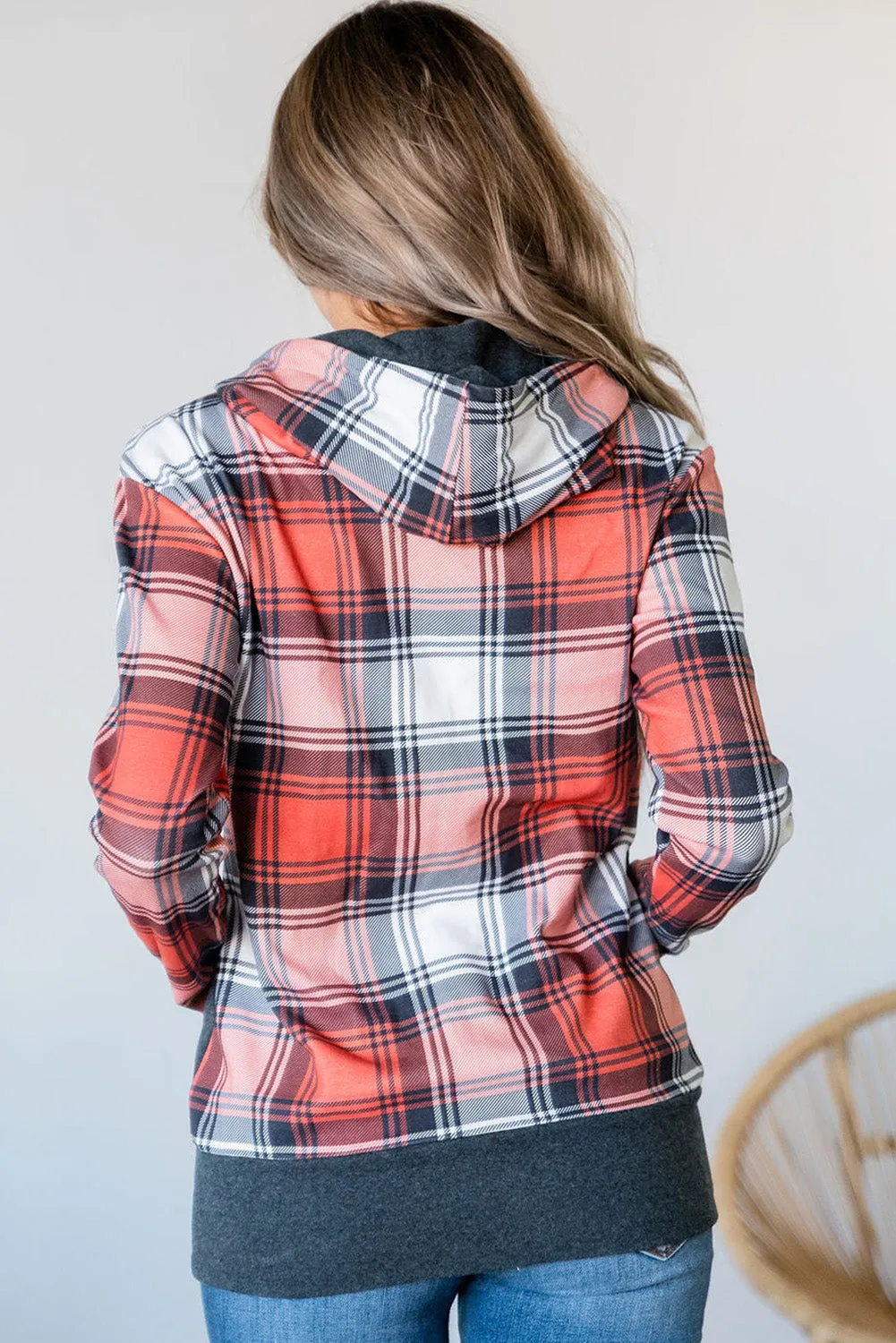 Red Plaid Patch Half Zip Thumbhole Sleeve Kangaroo Pocket Hoodie