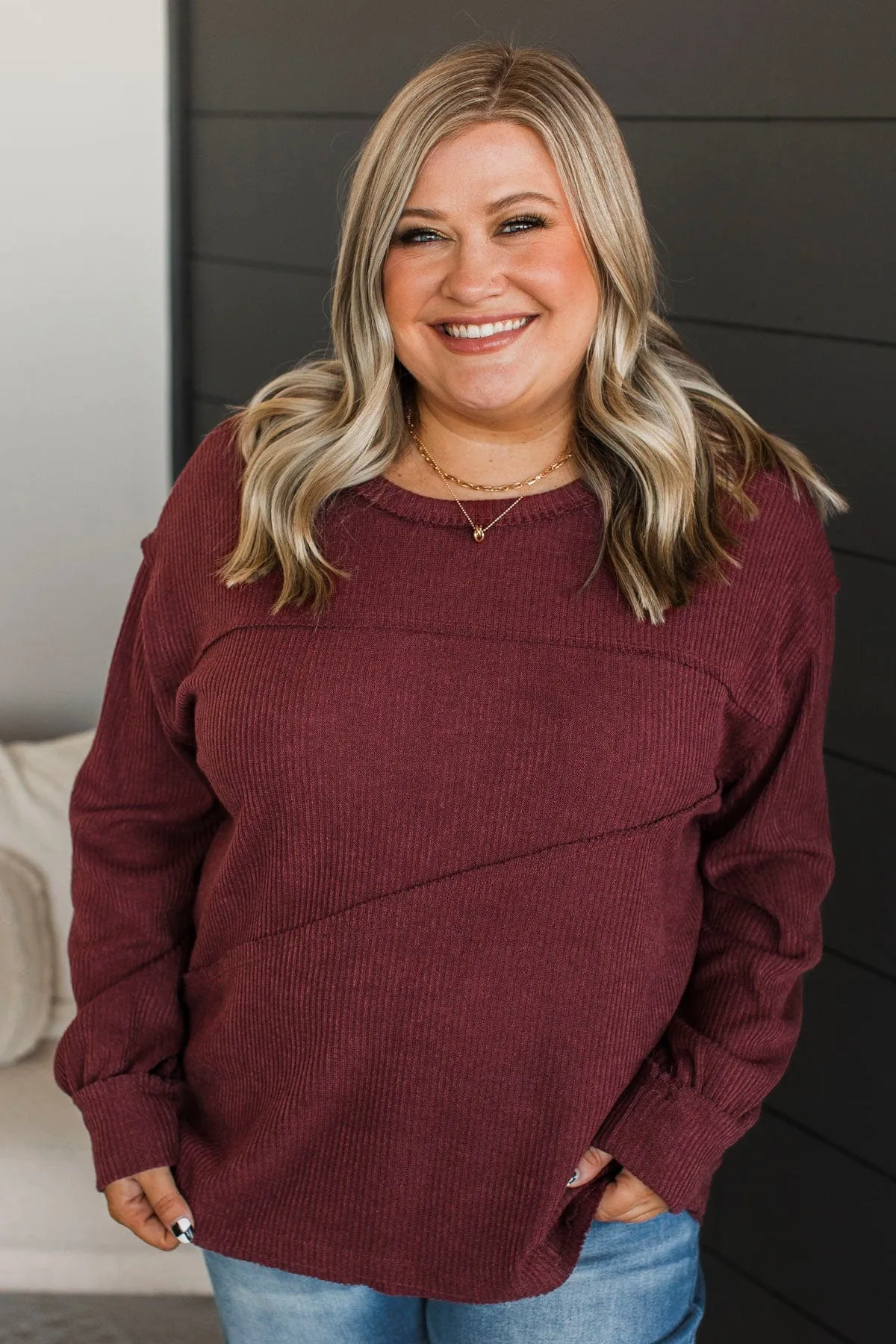 Renewed Confidence Ribbed Knit Top- Wine