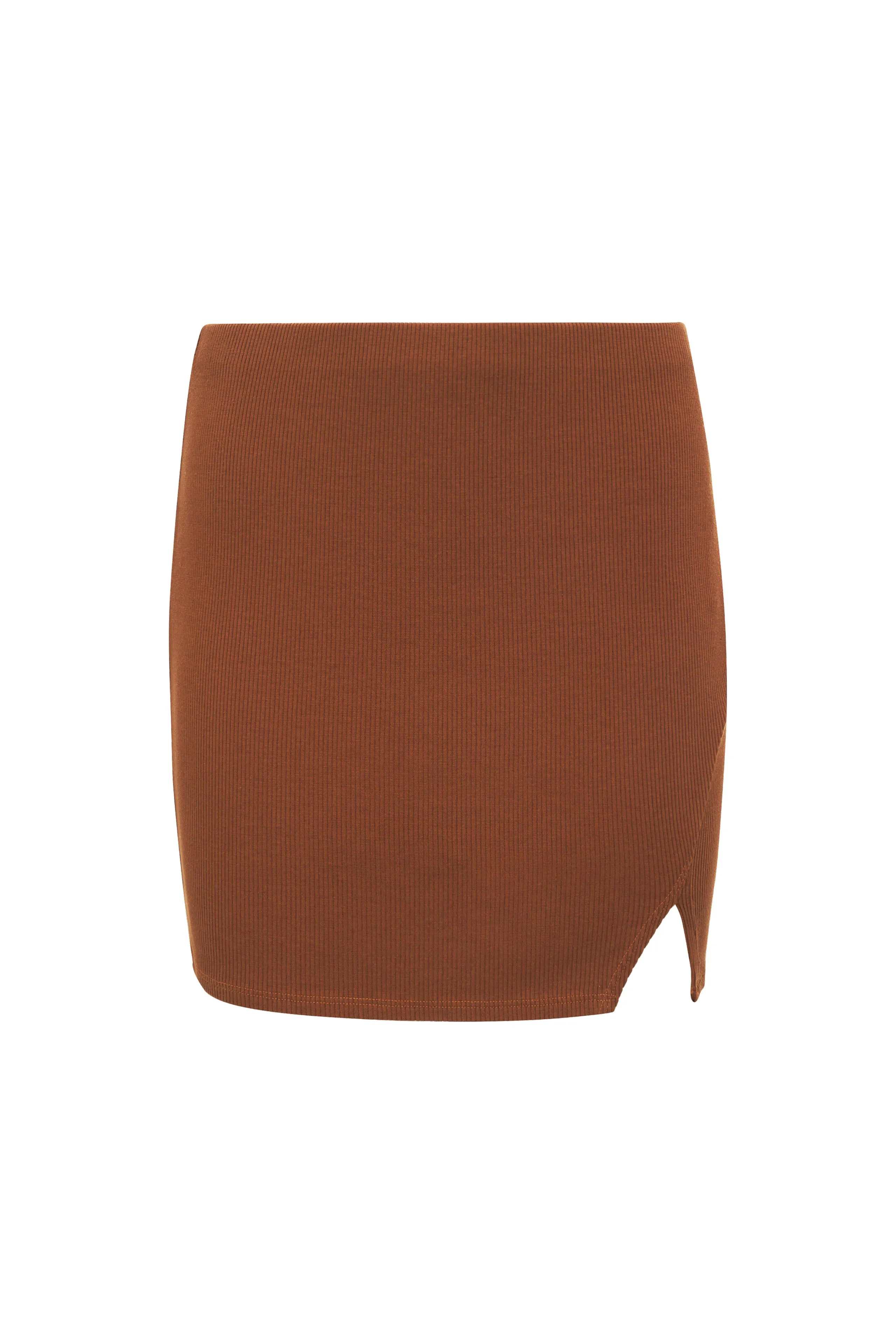 RIBBED ASYMMETRICAL SLIT MINI SKIRT