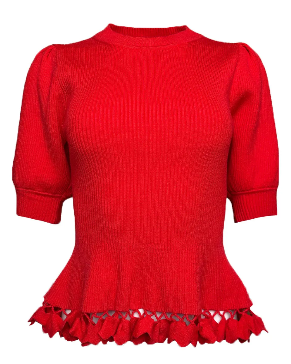 Ribbed Knit Hand Sewn Ruffle Trim Sweater
