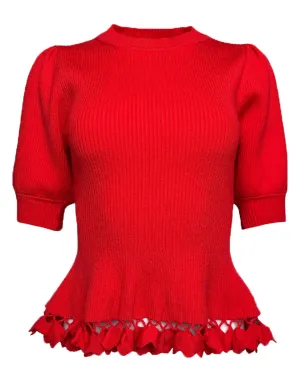 Ribbed Knit Hand Sewn Ruffle Trim Sweater