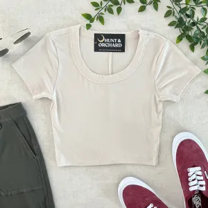 Ribbed Scoop Neck Crop Tee - Ivory