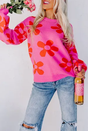 Rose Big Flower Knit Ribbed Trim Sweater