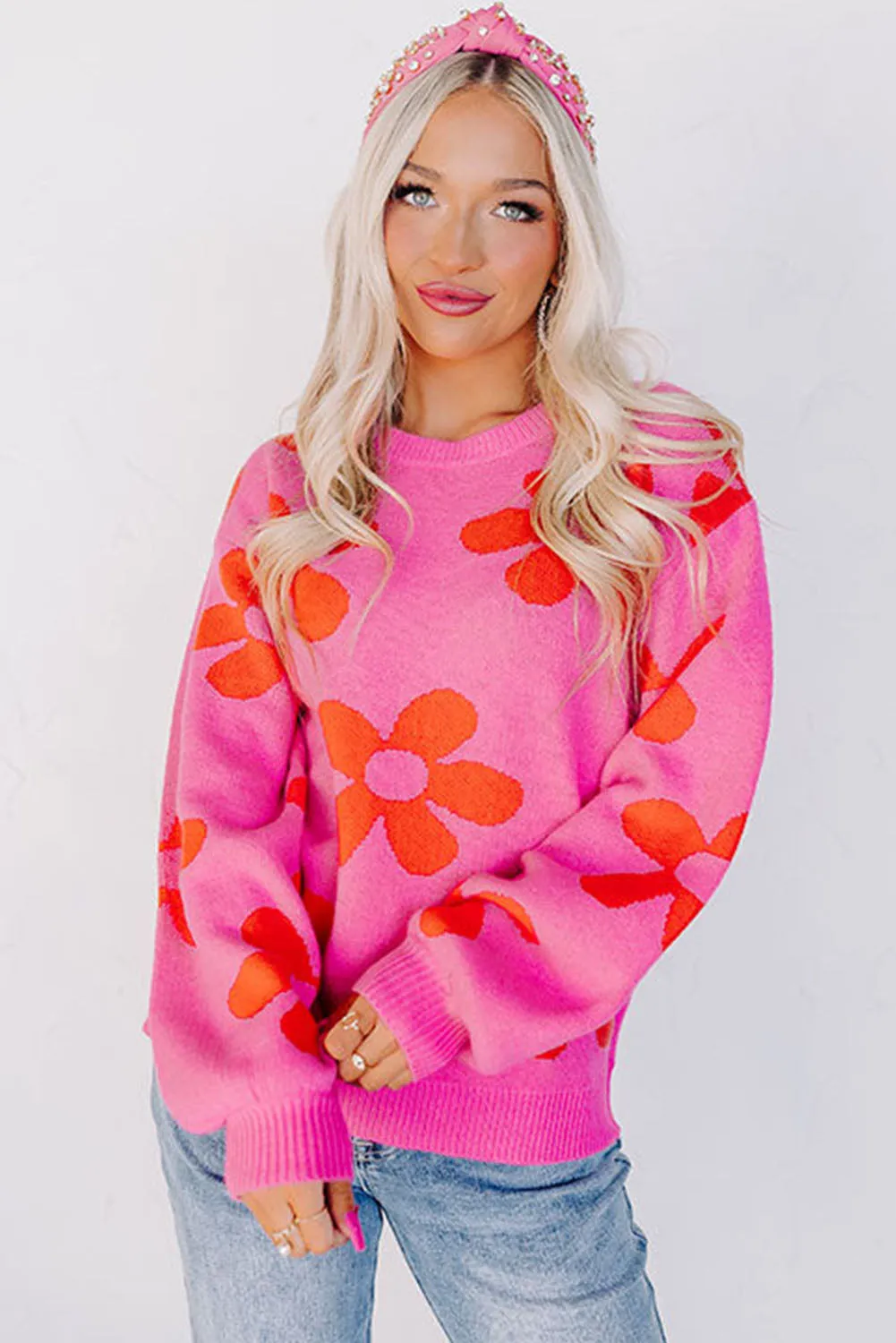 Rose Big Flower Knit Ribbed Trim Sweater