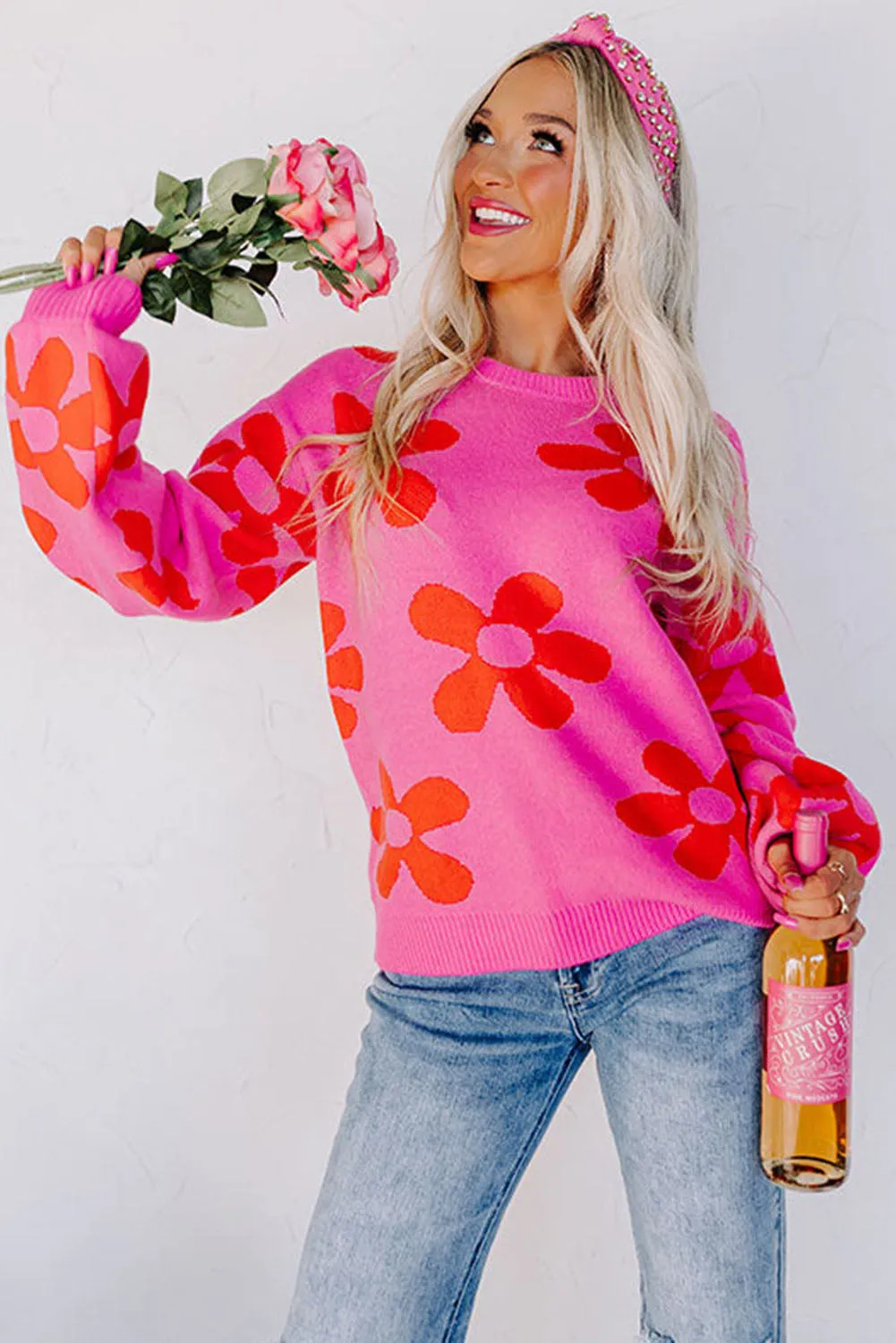 Rose Big Flower Knit Ribbed Trim Sweater