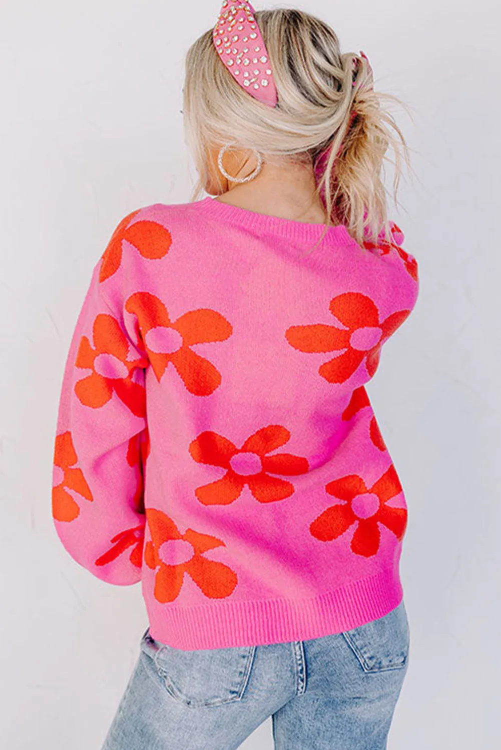 Rose Big Flower Knit Ribbed Trim Sweater