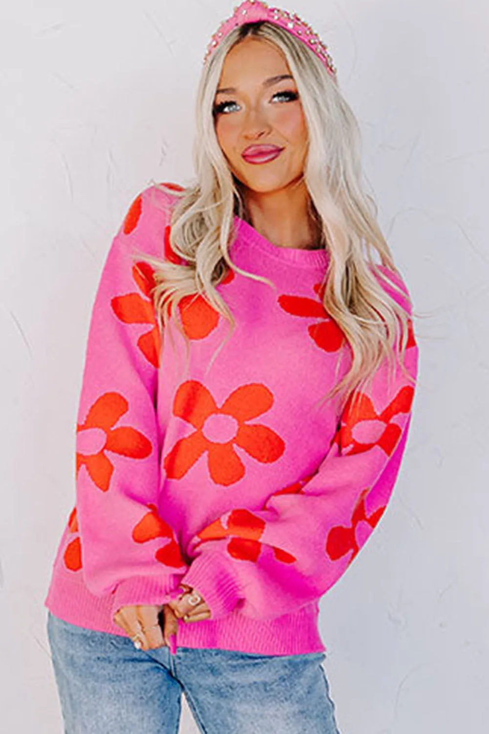 Rose Big Flower Knit Ribbed Trim Sweater