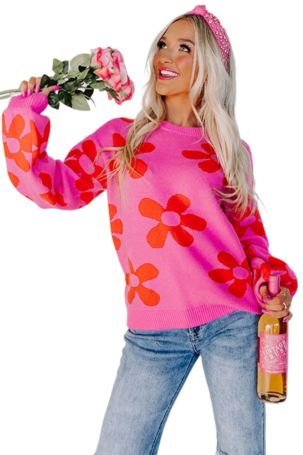 Rose Big Flower Knit Ribbed Trim Sweater
