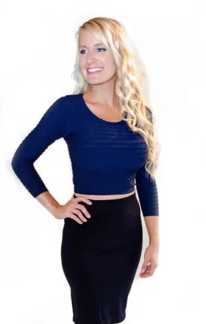 Seamless Ribbed 3/4 Sleeve Crop Top- Navy