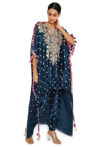 Selima Midnight Blue Colour Bandhani Silk Embroidered High Low Kurta With Jogger Pants