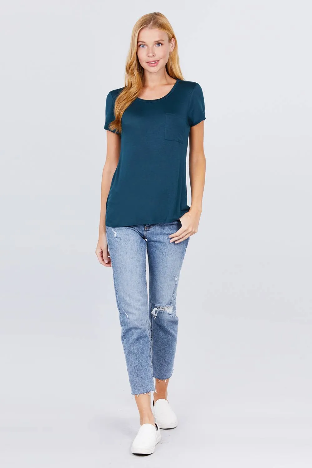 Short Sleeve Scoop Neck Top With Pocket