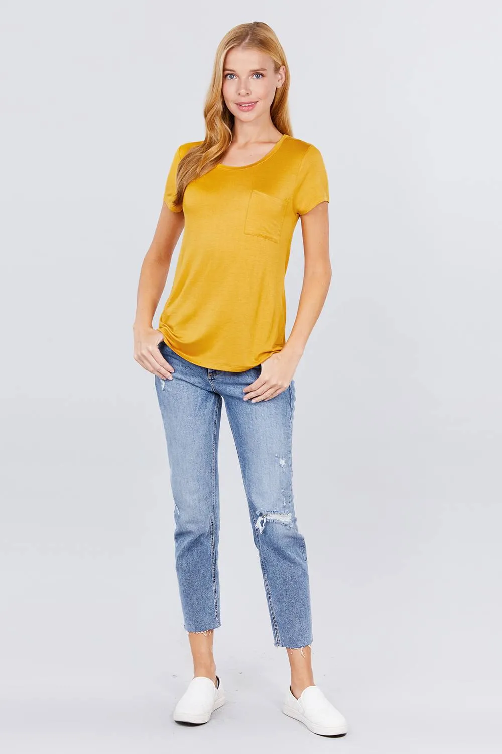 Short Sleeve Scoop Neck Top With Pocket