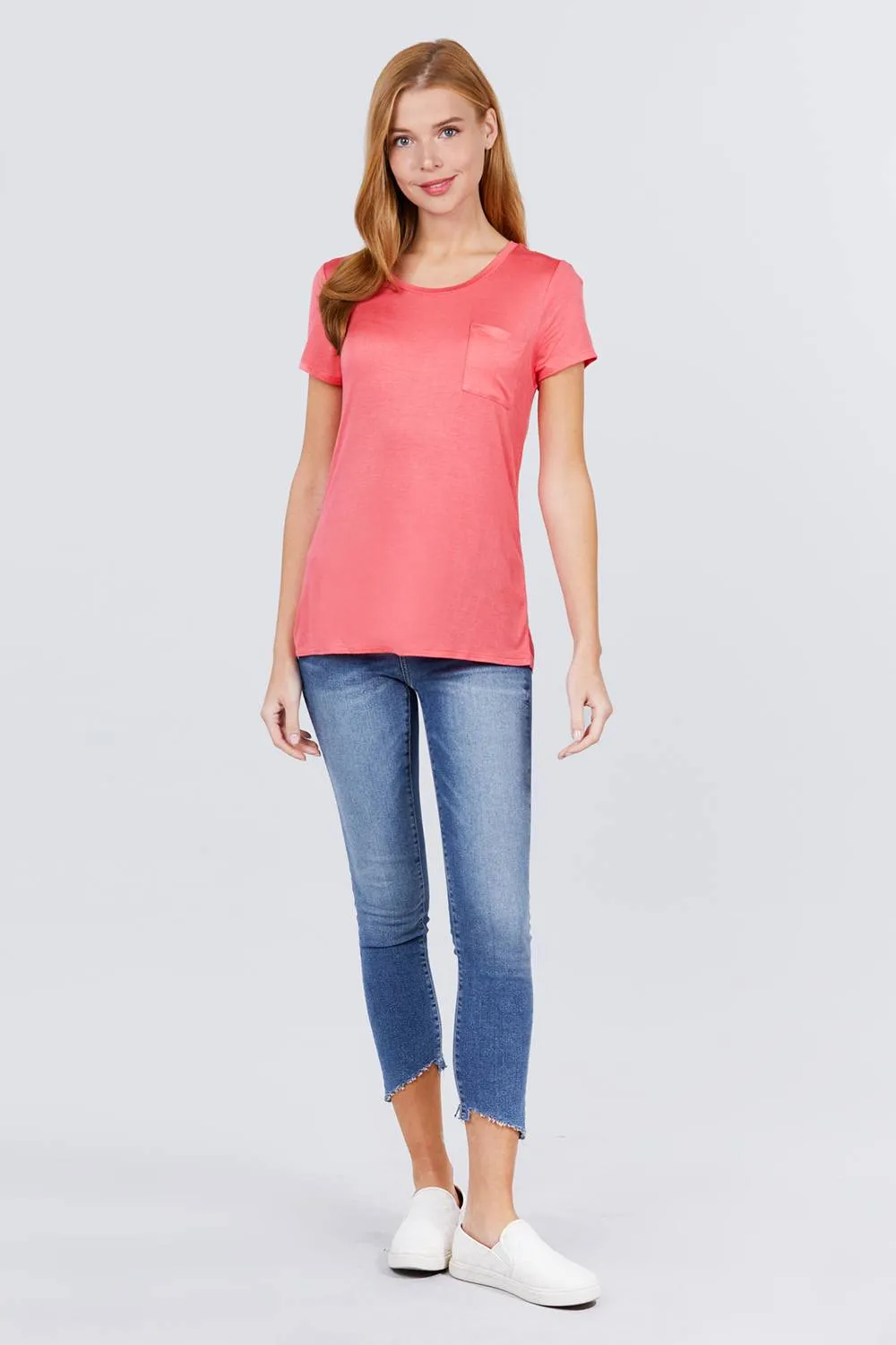 Short Sleeve Scoop Neck Top With Pocket