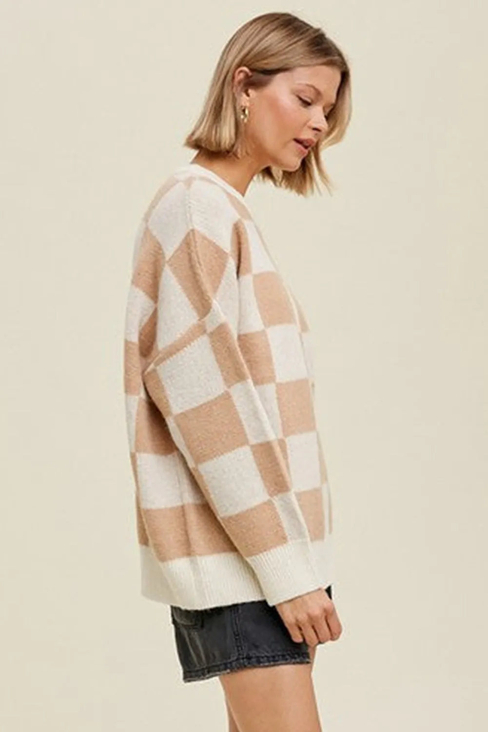 Smoke Gray Chess Grid Pattern Ribbed Trim Sweater