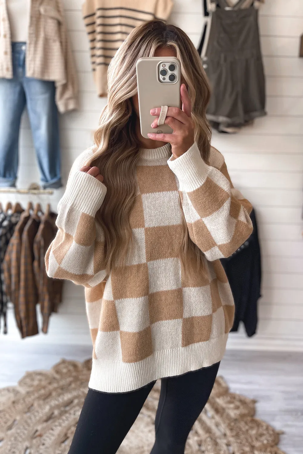 Smoke Gray Chess Grid Pattern Ribbed Trim Sweater