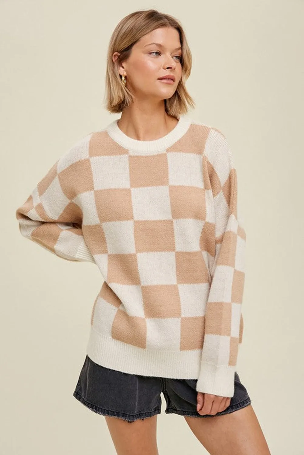 Smoke Gray Chess Grid Pattern Ribbed Trim Sweater