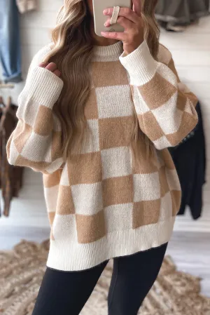 Smoke Gray Chess Grid Pattern Ribbed Trim Sweater