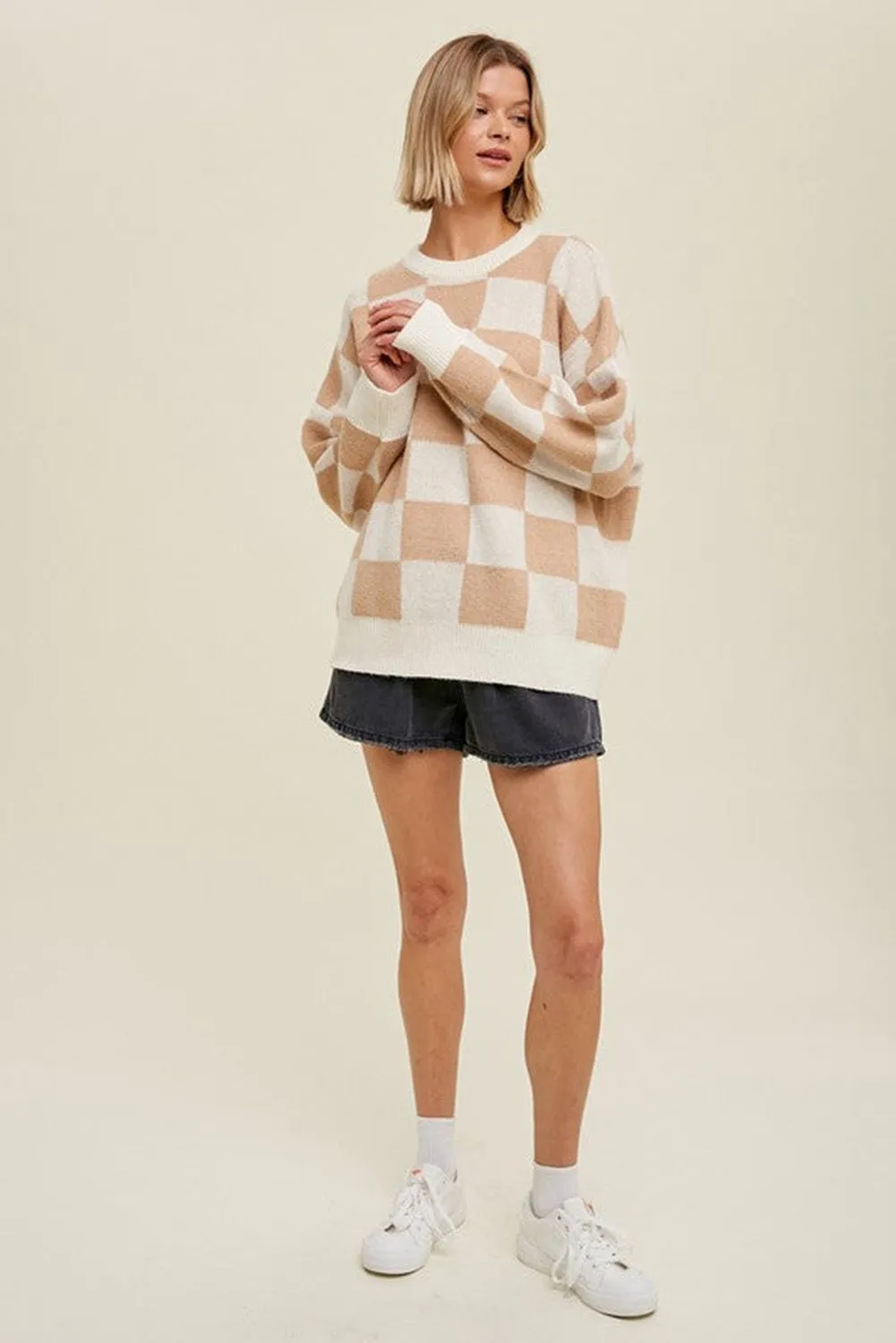 Smoke Gray Chess Grid Pattern Ribbed Trim Sweater