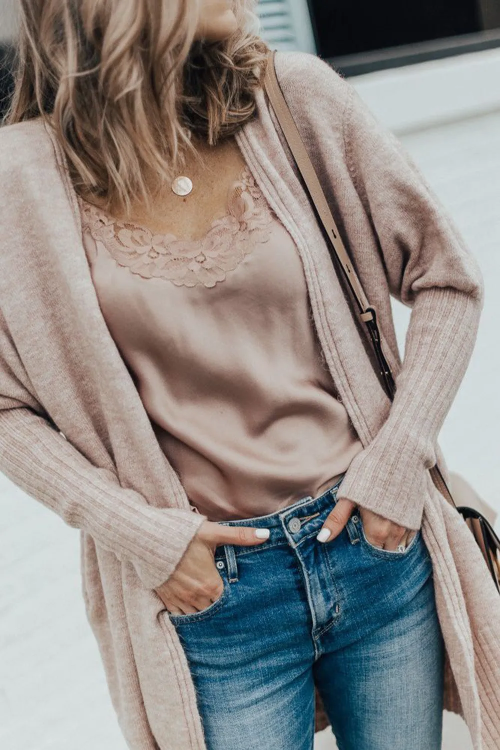 Smoke Gray Ribbed Trim Puff Sleeve Sweater Cardigan