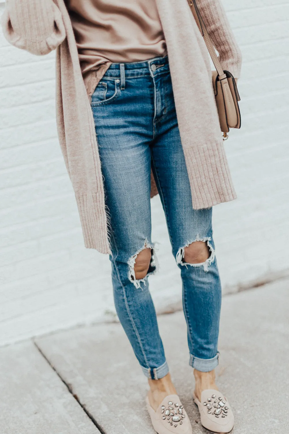 Smoke Gray Ribbed Trim Puff Sleeve Sweater Cardigan