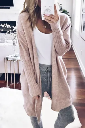 Smoke Gray Ribbed Trim Puff Sleeve Sweater Cardigan