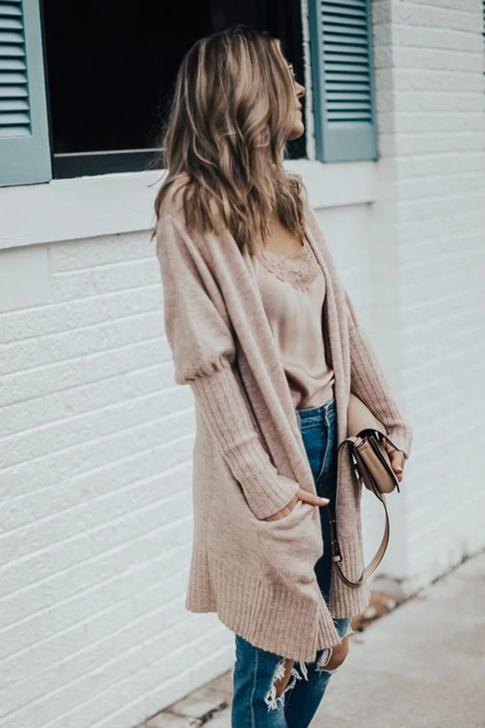 Smoke Gray Ribbed Trim Puff Sleeve Sweater Cardigan