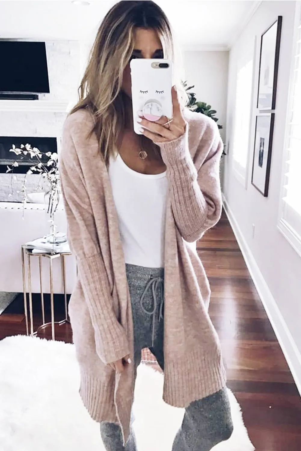 Smoke Gray Ribbed Trim Puff Sleeve Sweater Cardigan