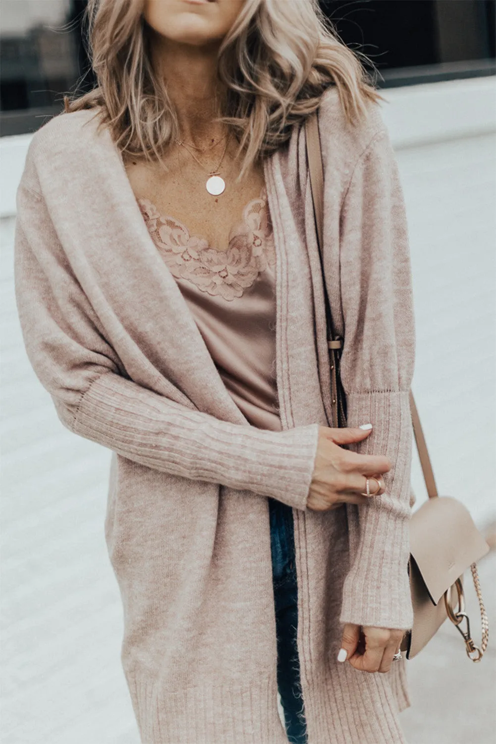 Smoke Gray Ribbed Trim Puff Sleeve Sweater Cardigan