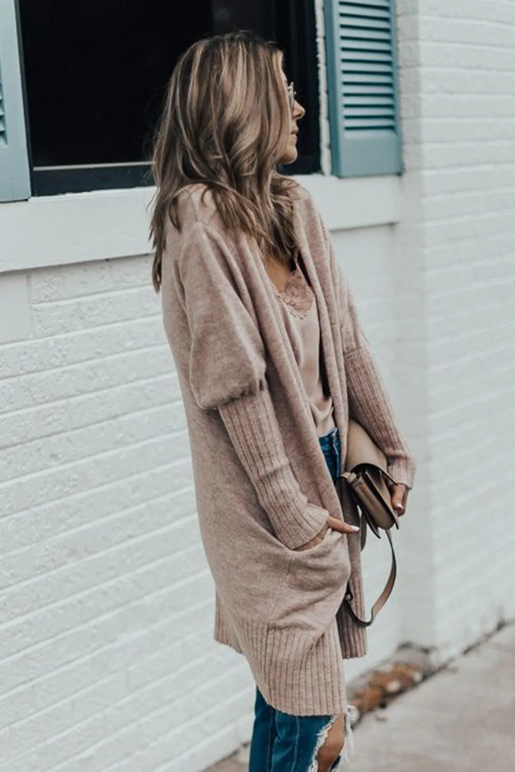 Smoke Gray Ribbed Trim Puff Sleeve Sweater Cardigan